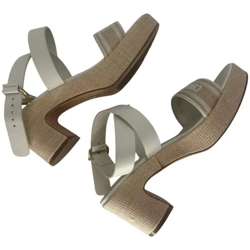 Christian Dior Leather Raffia Dway Embroidered Logo Platfrorm Sandals Beige 37